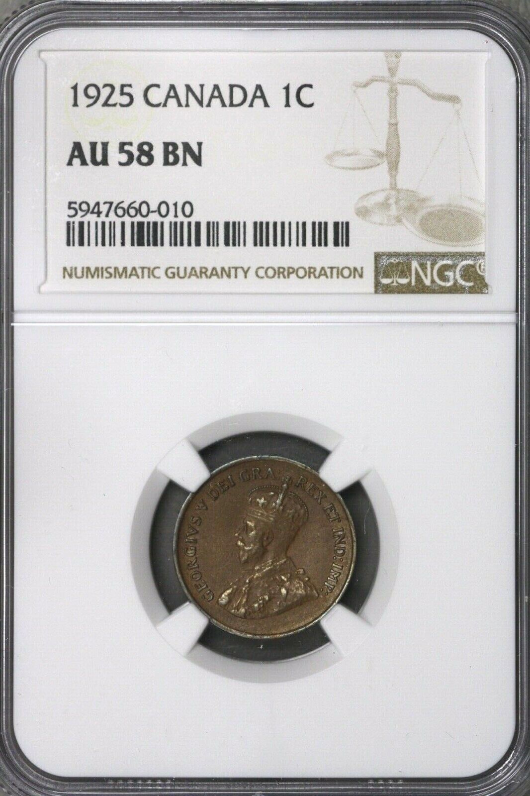 Canada 1925 1 Cent NGC AU 58 BN S540