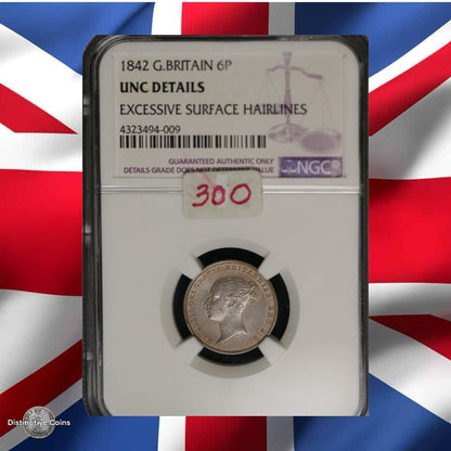 Great Britain 1842 6 Pence NGC UNC Details Excessive Surface Hairlines