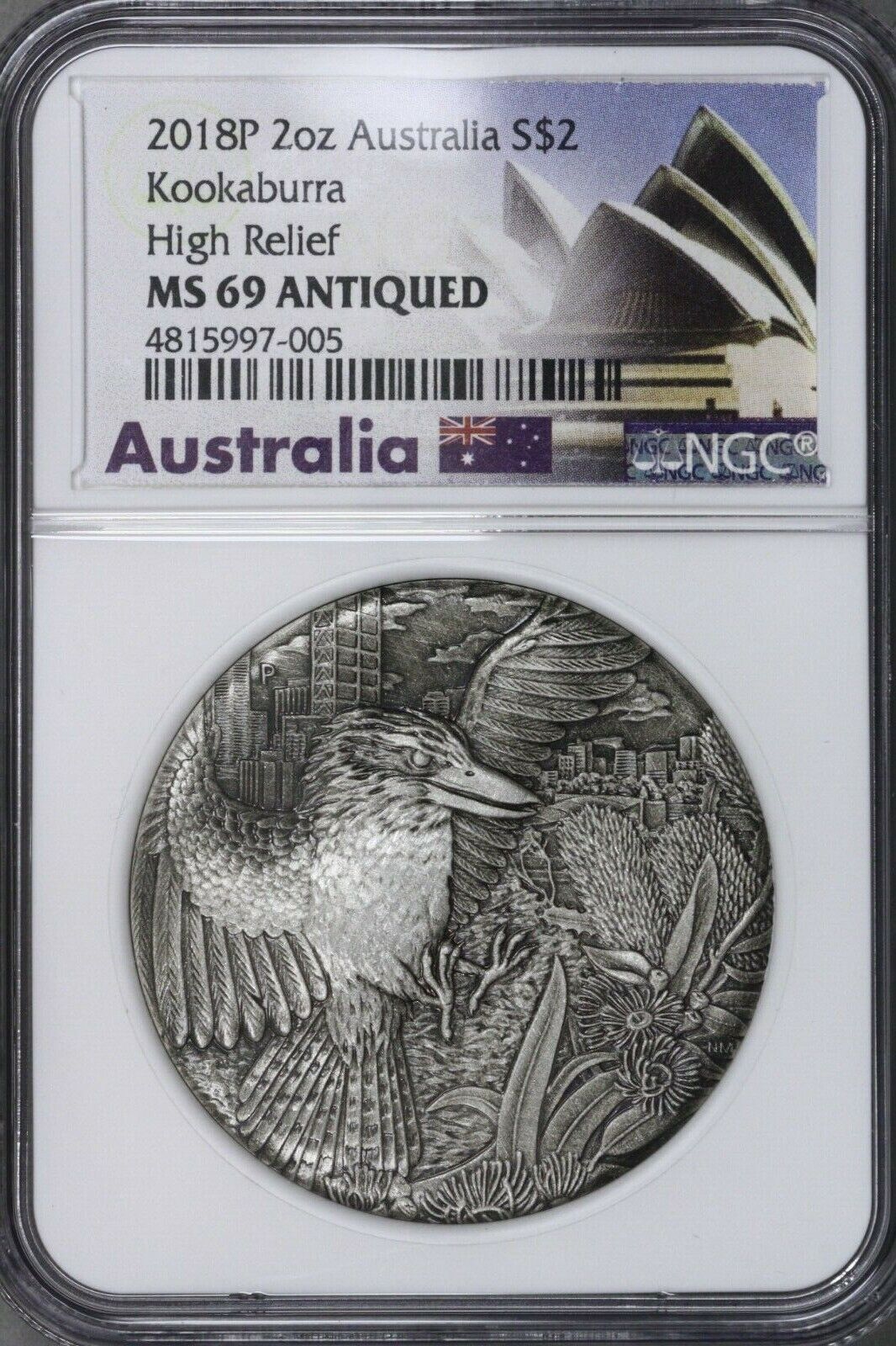 Australia 2018P 2oz Silver $2 Kookaburra High Relief NGC MS69 Antiquated   S727