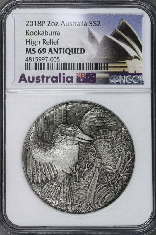 Australia 2018P 2oz Silver $2 Kookaburra High Relief NGC MS69 Antiquated   S727