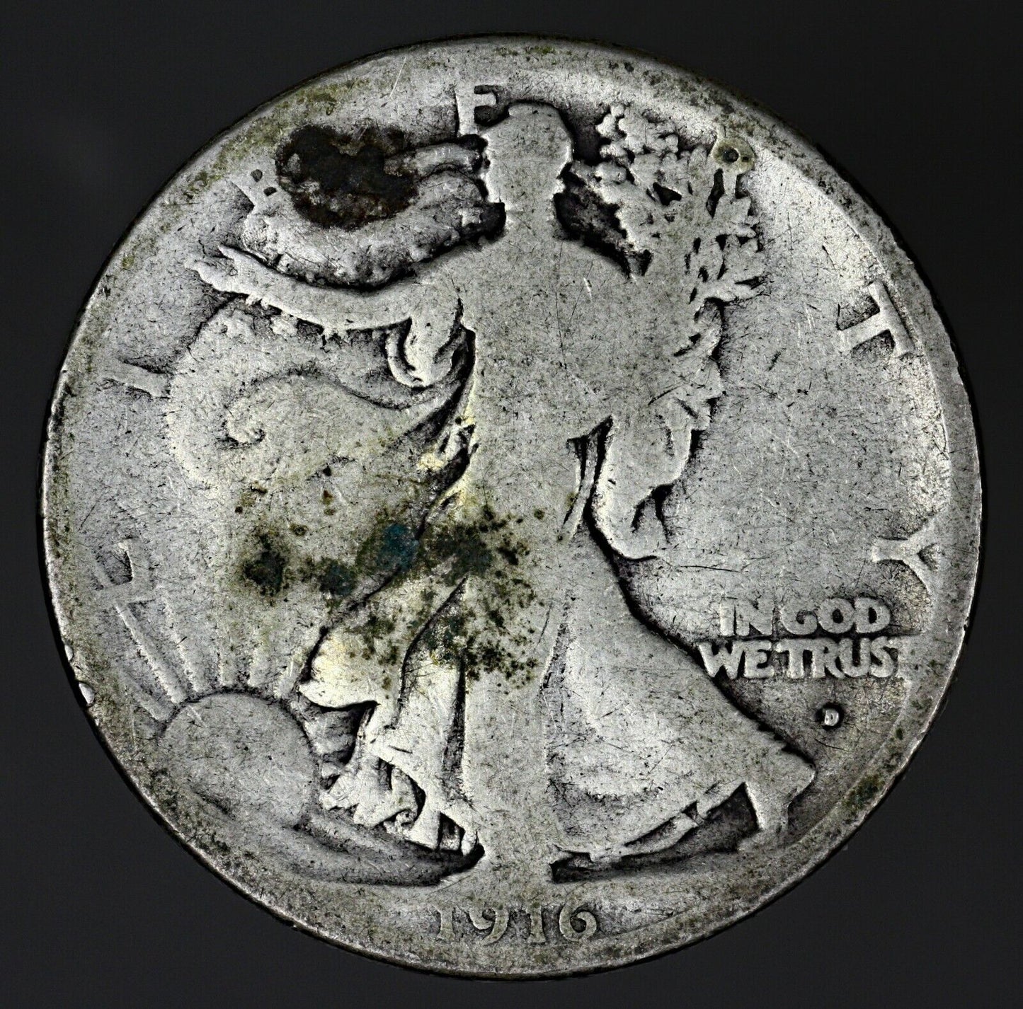 US 1916 D Walking Liberty Half Dollar Porous Spots  A3198