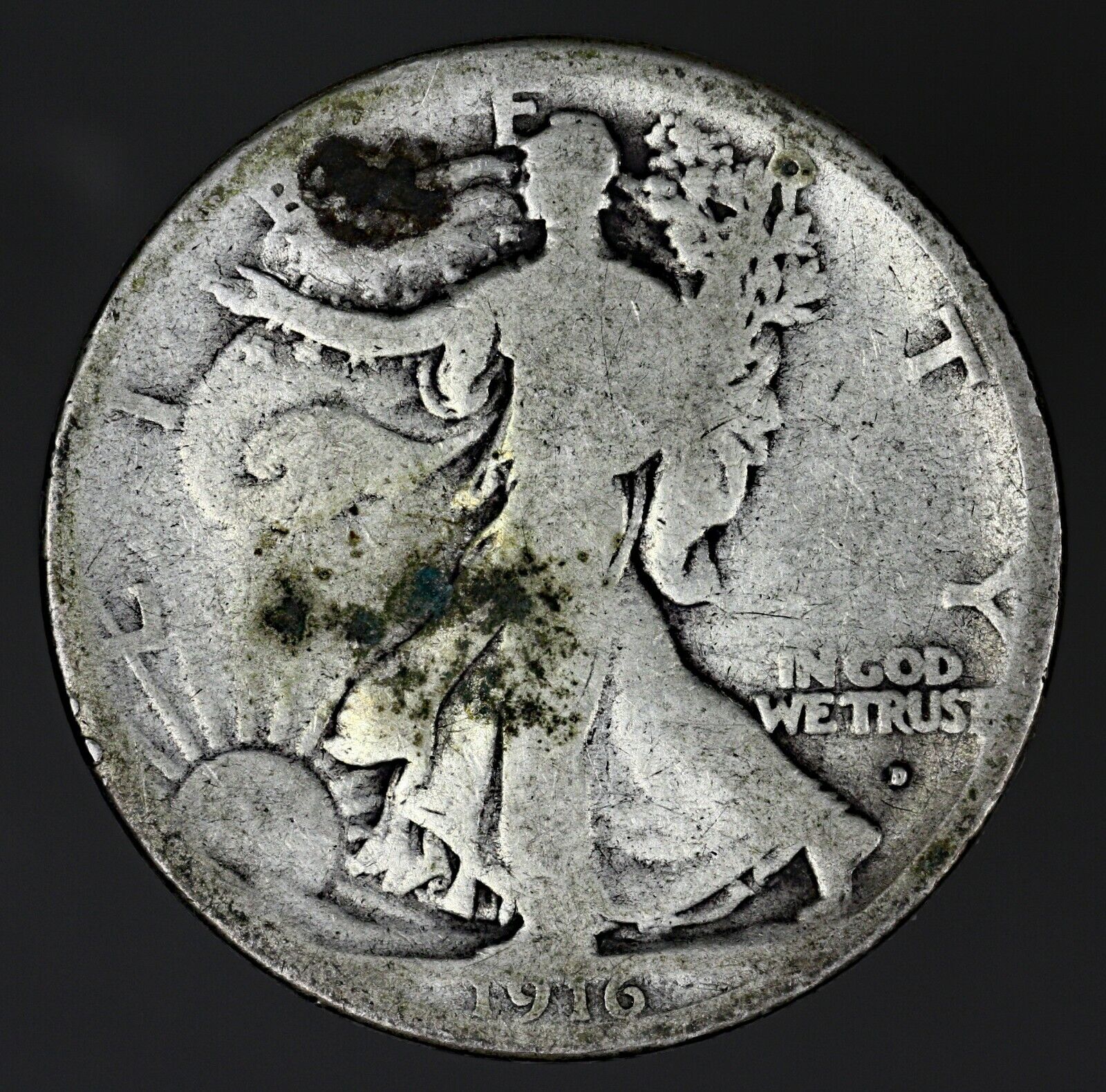 US 1916 D Walking Liberty Half Dollar Porous Spots  A3198
