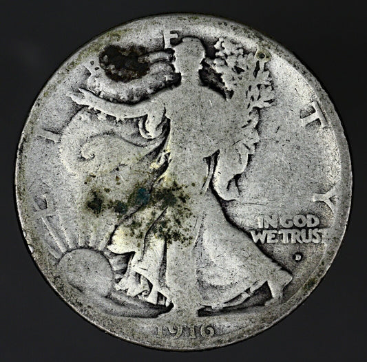 US 1916 D Walking Liberty Half Dollar Porous Spots  A3198