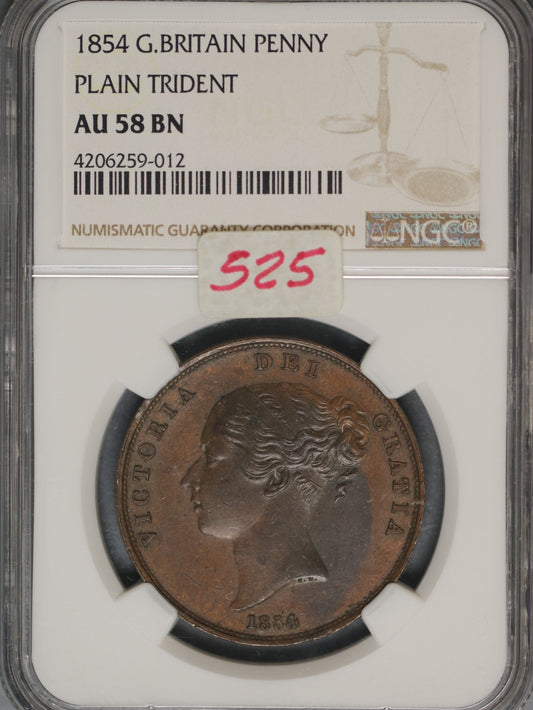 Great Britain 1854 Penny K-739 NGC AU 58 BN PLAIN TRIDENT
