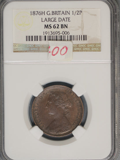 Great Britain 1876H 1/2 Penny K-754 NGC MS62 BN LARGE DATE