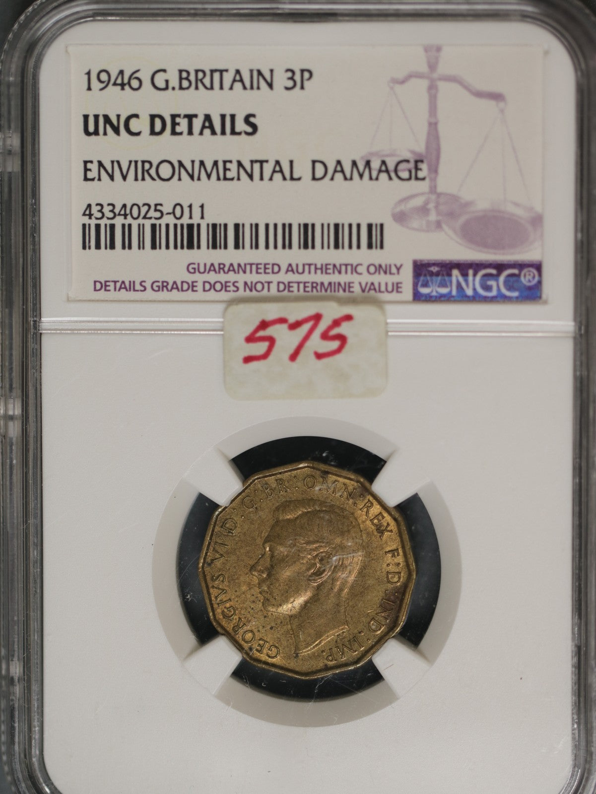 Great Britain 1946 3 Pence K-849 PCGS UNC Details Environmental Damage KEY DATE