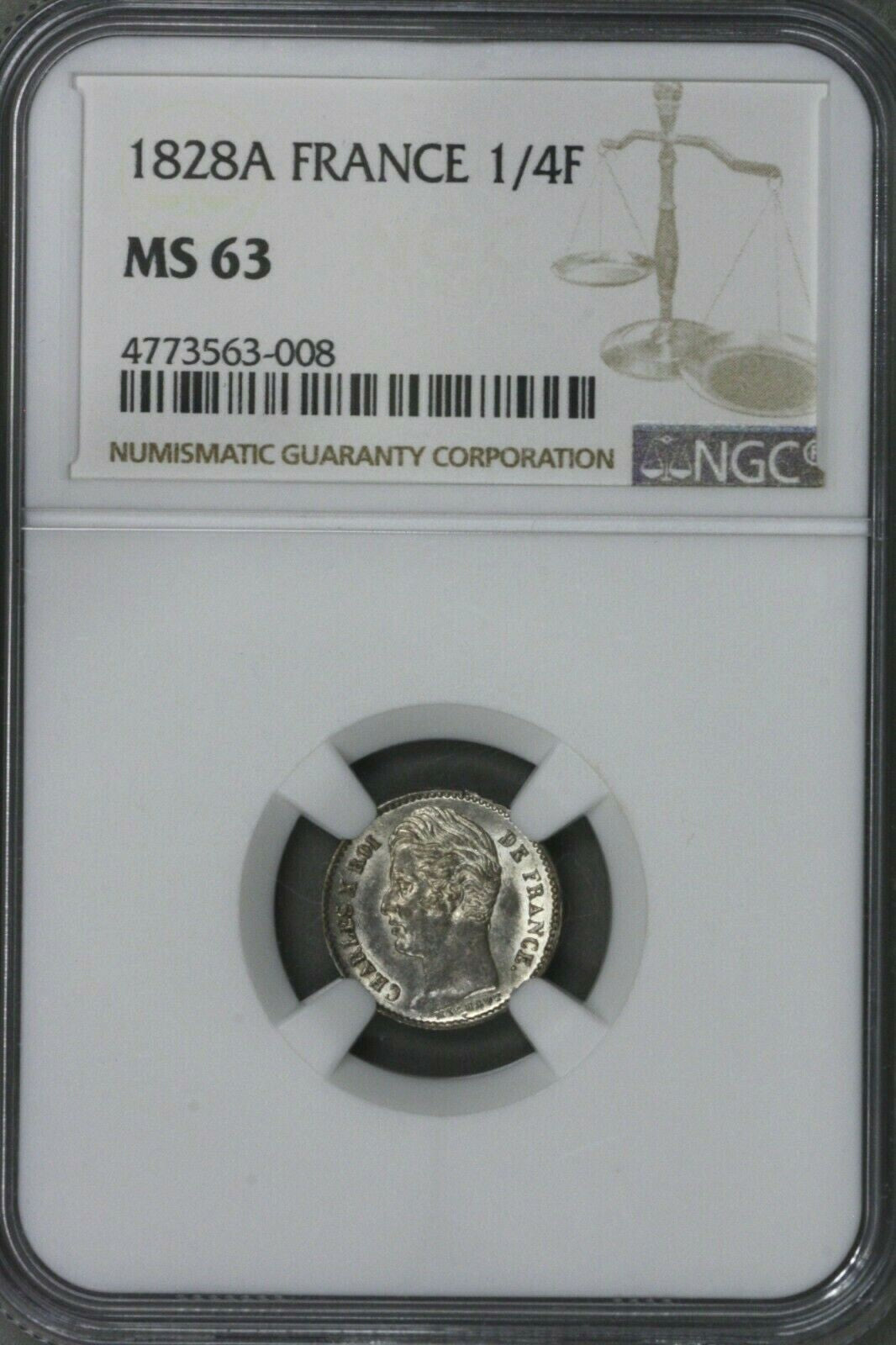 France 1828 A 1/4 Franc  NGC MS 63    S281