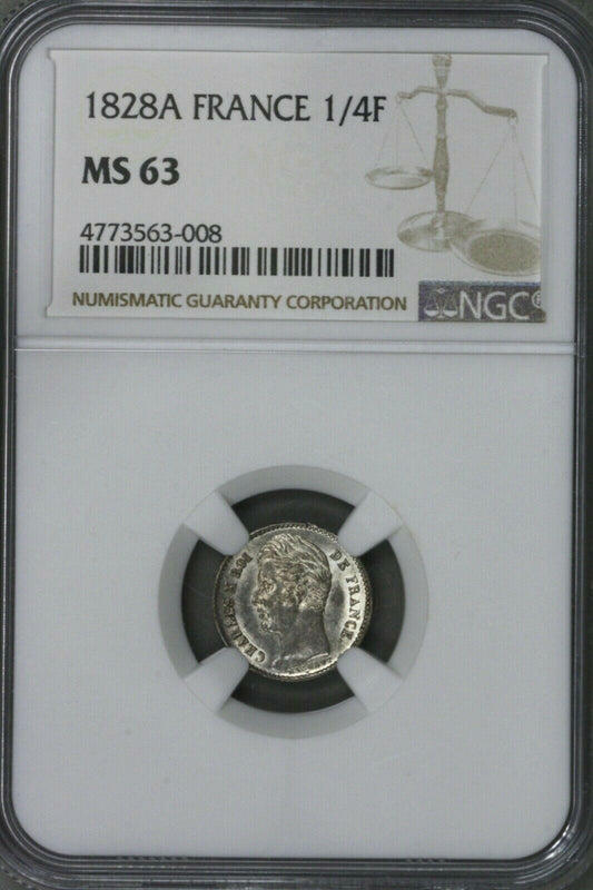France 1828 A 1/4 Franc  NGC MS 63    S281