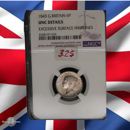 Great Britain 1845 6 Pence NGC UNC Details Excessive Surface Hairlines