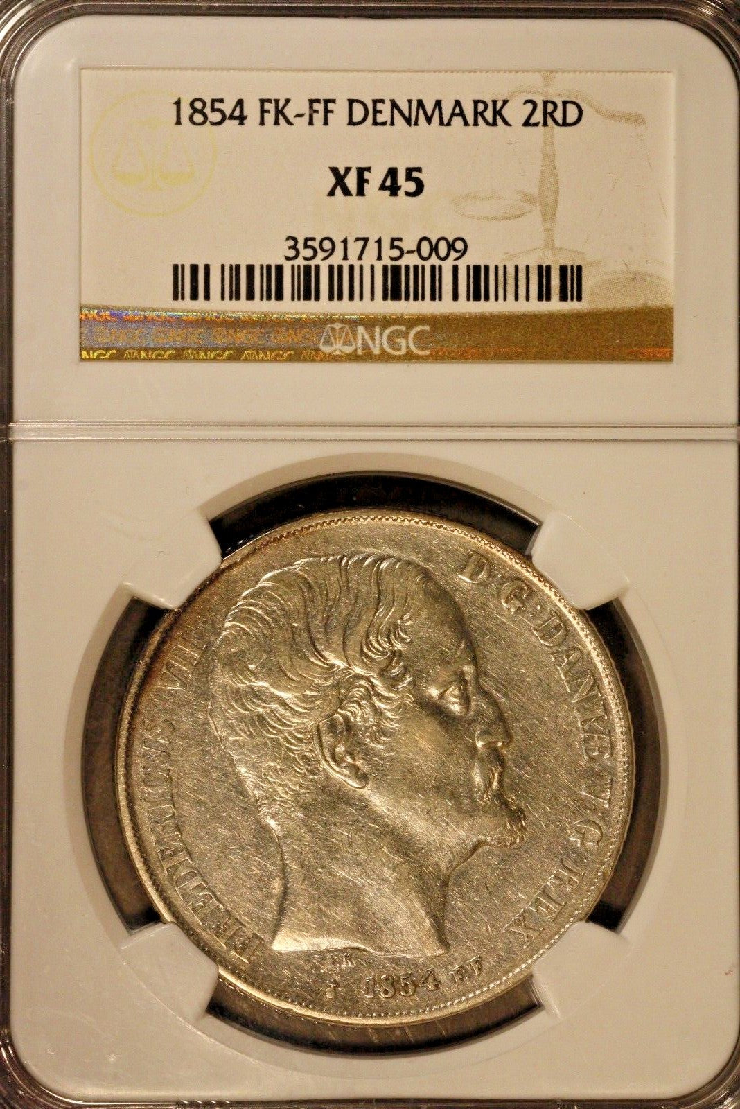 1854 FK FF Denmark 2 Rigsdaler NGC XF 45 