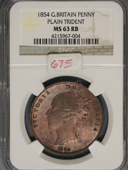 Great Britain 1854 Penny K-739 NGC MS63 RB PLAIN TRIDENT