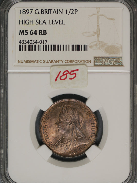 Great Britain 1897 1/2 Penny K-789 NGC MS64 RB HIGH SEA LEVEL