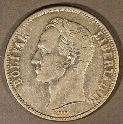 1929 Venezuela 5 Bolivares Silver Higher Grade Example 