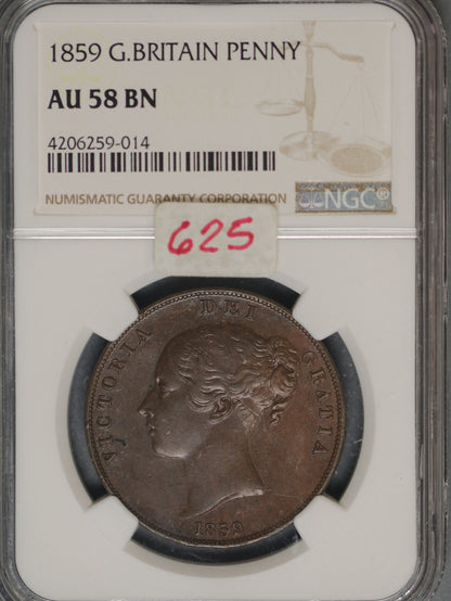 Great Britain 1859 Penny K-739 NGC AU58 BN