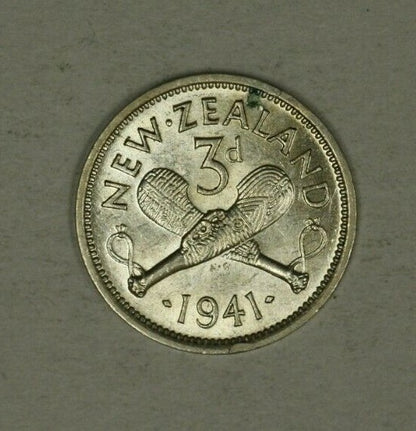 New Zealand Silver 3 Pence 1941  AU/UNC   A2158