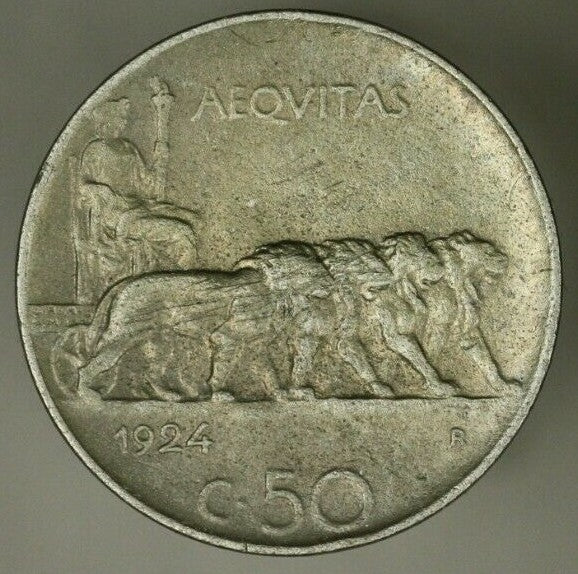 Italy 50 Centesimi 1924  Plain Edge Key Date  porous XF  A2474