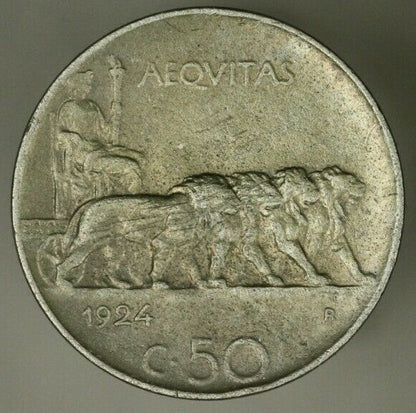 Italy 50 Centesimi 1924  Plain Edge Key Date  porous XF  A2474