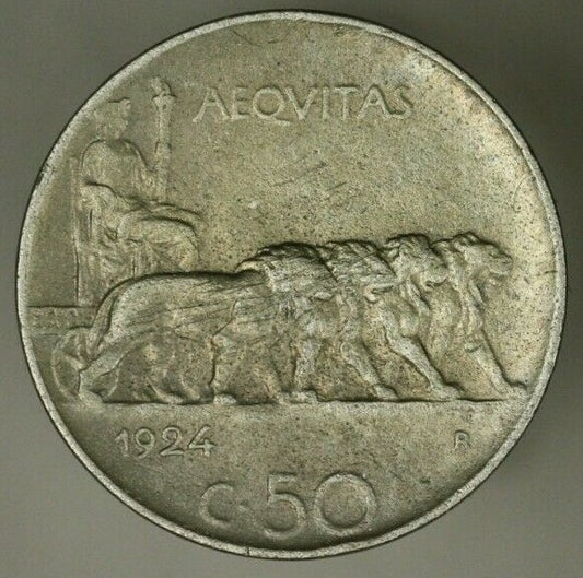 Italy 50 Centesimi 1924  Plain Edge Key Date  porous XF  A2474