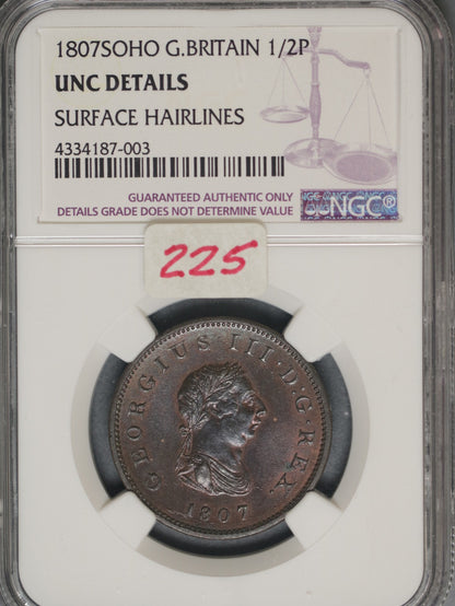 Great Britain 1807 1/2 Penny K-662 NGC UNC DETAILS Surface Hairlines