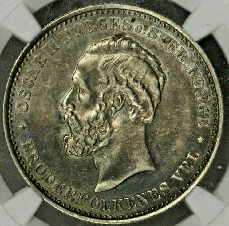 Norway 2 Kroner 1892 NGC AU55   Top Pop!!!   Next Closest is VF !! RARE !!  S182