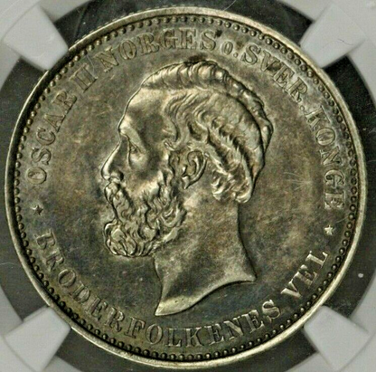 Norway 2 Kroner 1892 NGC AU55   Top Pop!!!   Next Closest is VF !! RARE !!  S182