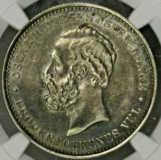 Norway 2 Kroner 1892 NGC AU55   Top Pop!!!   Next Closest is VF !! RARE !!  S182