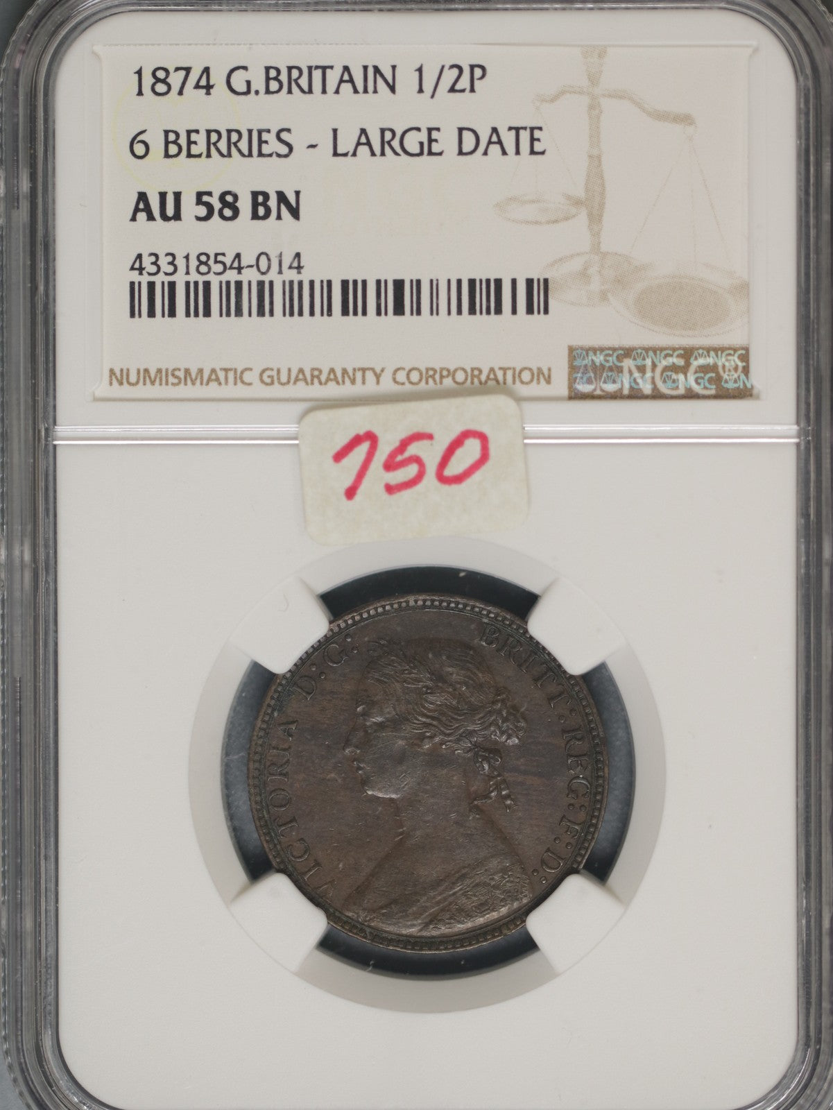 Great Britain 1874 1/2 Penny K-754 NGC AU58 BN 6 BERRIES LRG DATE