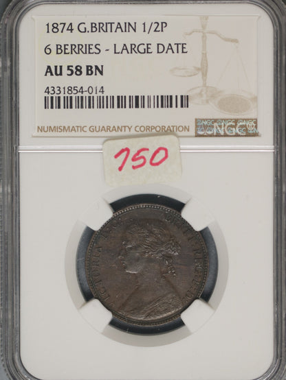 Great Britain 1874 1/2 Penny K-754 NGC AU58 BN 6 BERRIES LRG DATE