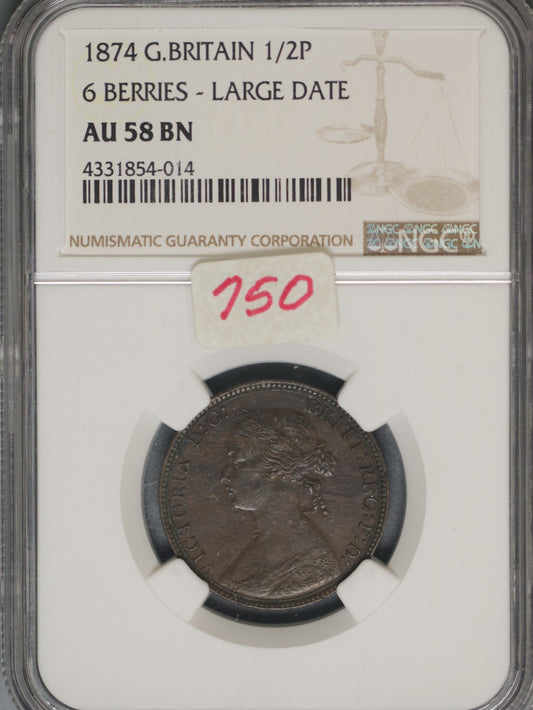 Great Britain 1874 1/2 Penny K-754 NGC AU58 BN 6 BERRIES LRG DATE