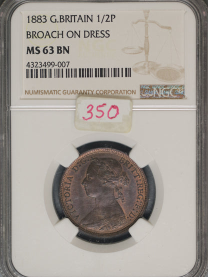 Great Britain 1883 1/2 Penny K-754 NGC MS63 BN BROACH