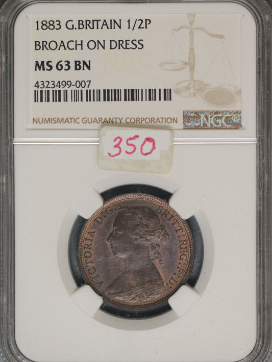 Great Britain 1883 1/2 Penny K-754 NGC MS63 BN BROACH