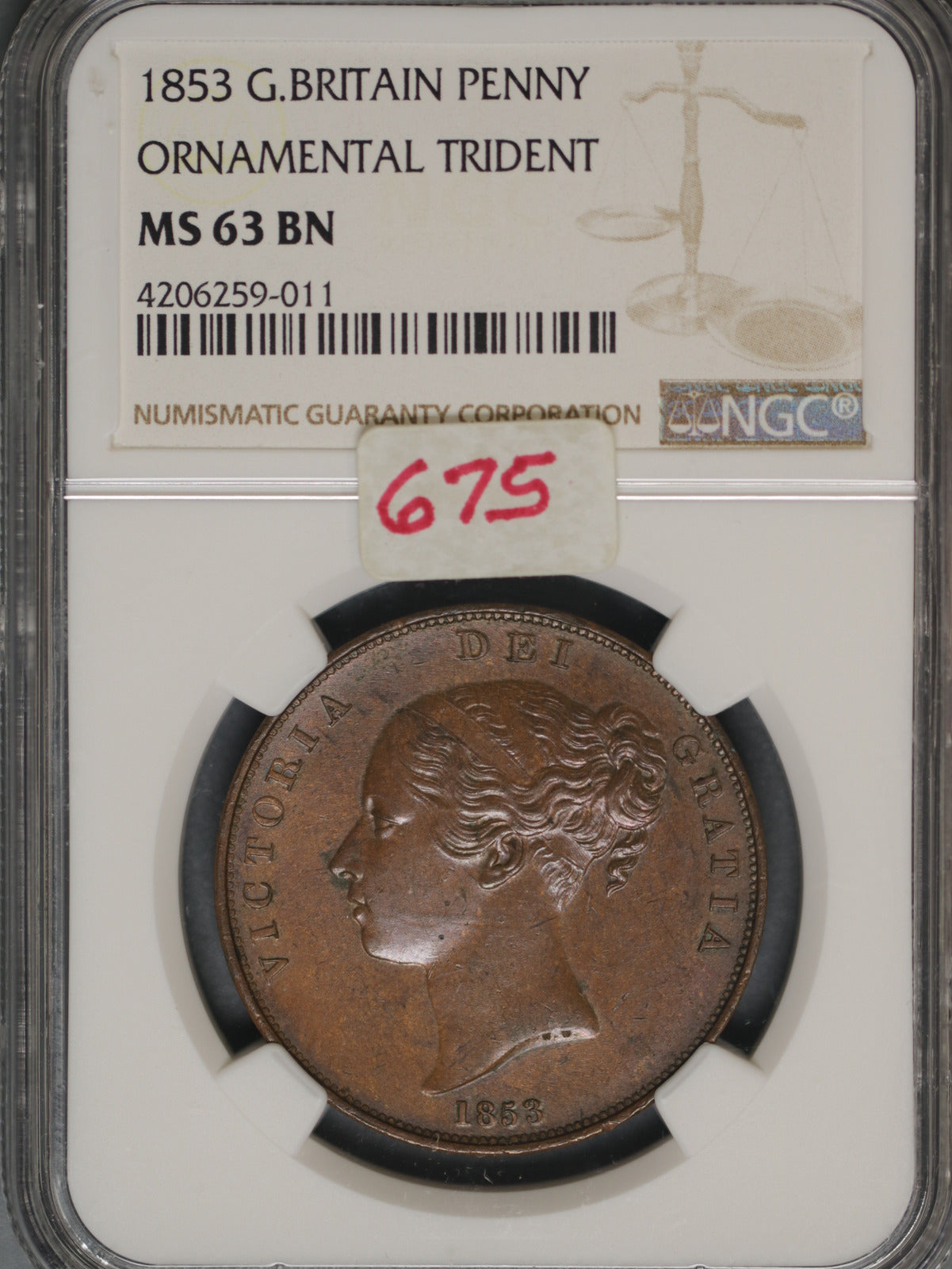 Great Britain 1853 Penny K-739 NGC MS63 BN ORNAMENTAL TRIDENT