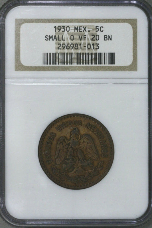 Mexico 1930 5 Centavos Small O NGC VF20 BN   S275