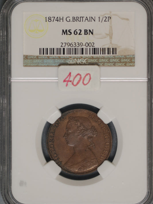 Great Britain 1874H 1/2 Penny K-754 NGC MS62 BN