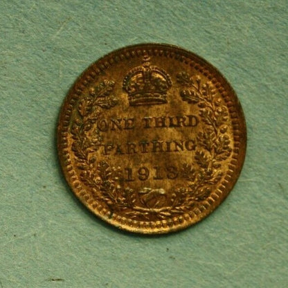 Great Britain 1913 1/3 Farthing Choice Unc Some Red A263