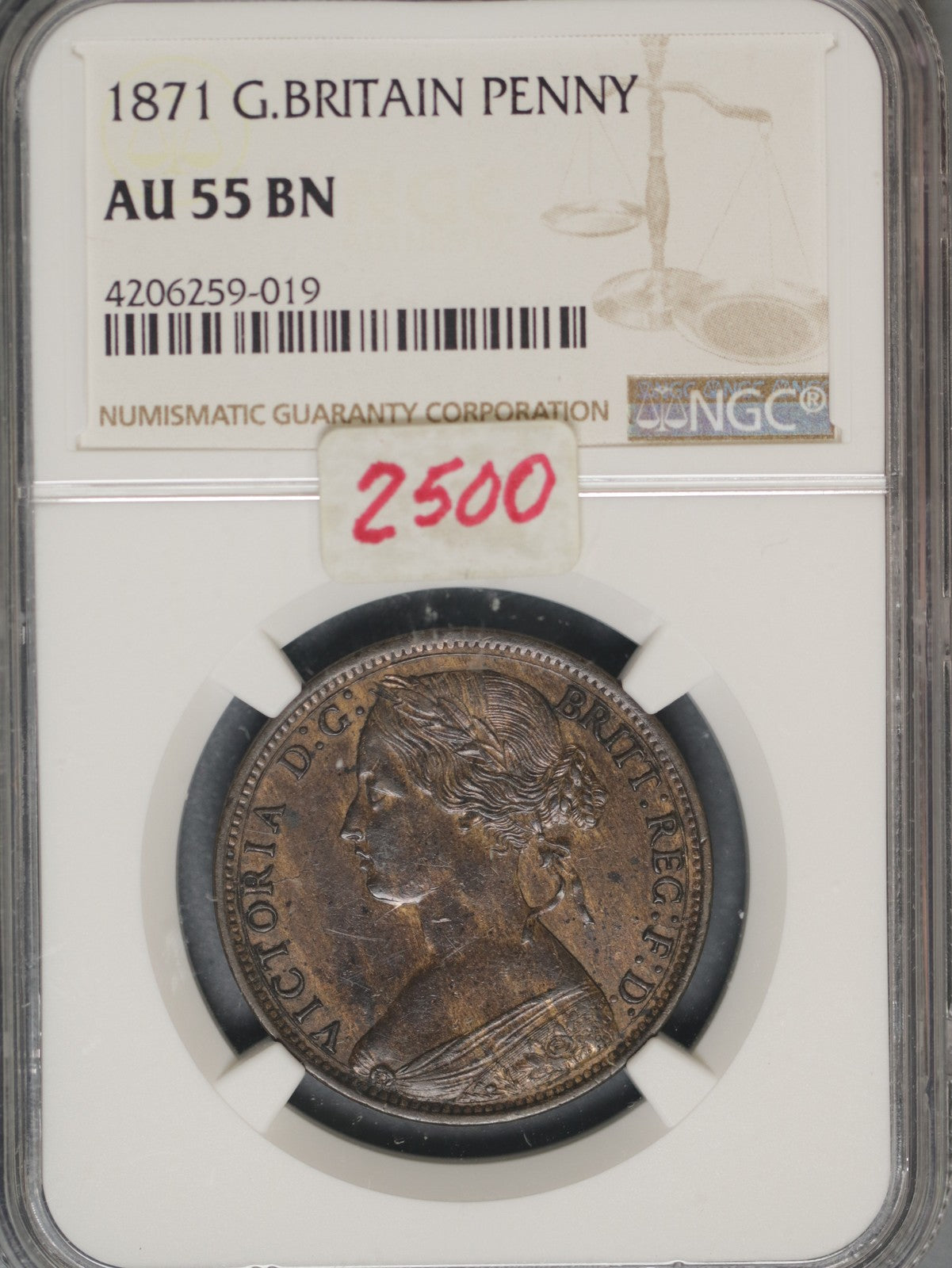 Great Britain 1871 Penny K-749.2 NGC AU55 BN KEY DATE