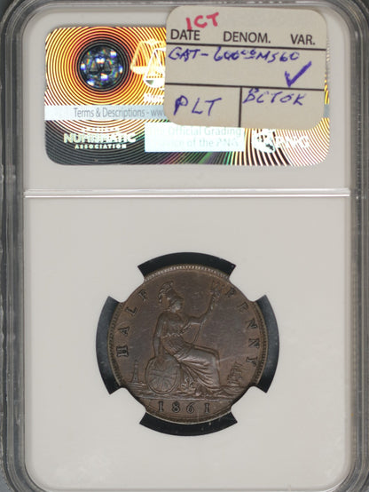 Great Britain 1861 1/2 Penny K-748.2 NGC AU50 BN
