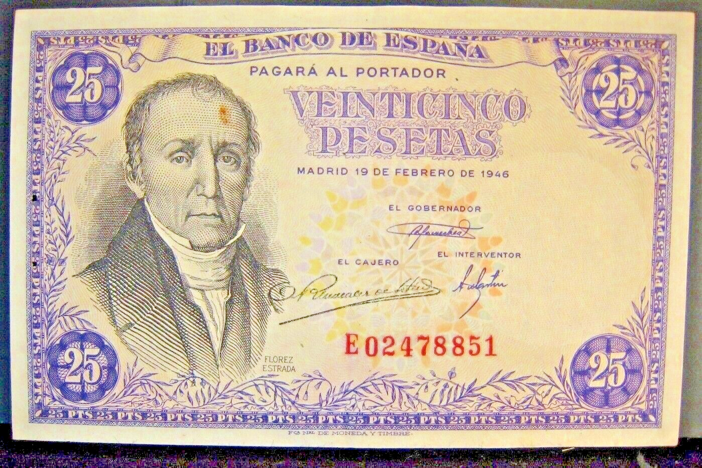 1946 Spain Bank of, 25 Pesetas Higher Grade Staple Hole  