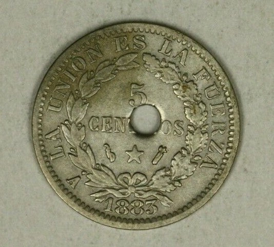 Bolivia 5 Cent 1883 Neat Error - Off-Center Hole A1681
