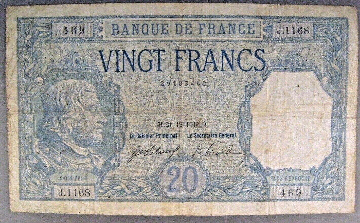 1916 France, Bank of,  20 Francs Note Circulated    