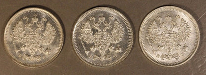 1914-1916, Russia Set of 3 Silver 10 Kopeks High Grade 