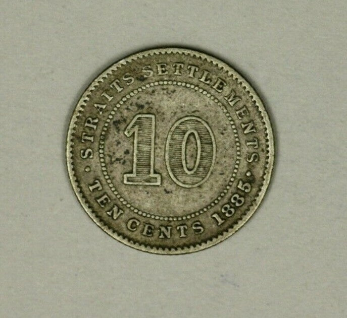 Straits Settlements 10 Cents 1885  VF  Victoria   A897  Scarce