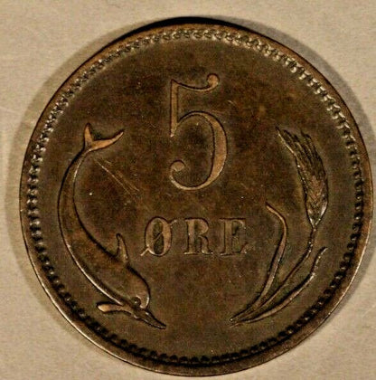 1891 C.S. Denmark 5 Ore Extra Nice Circulated Coin    