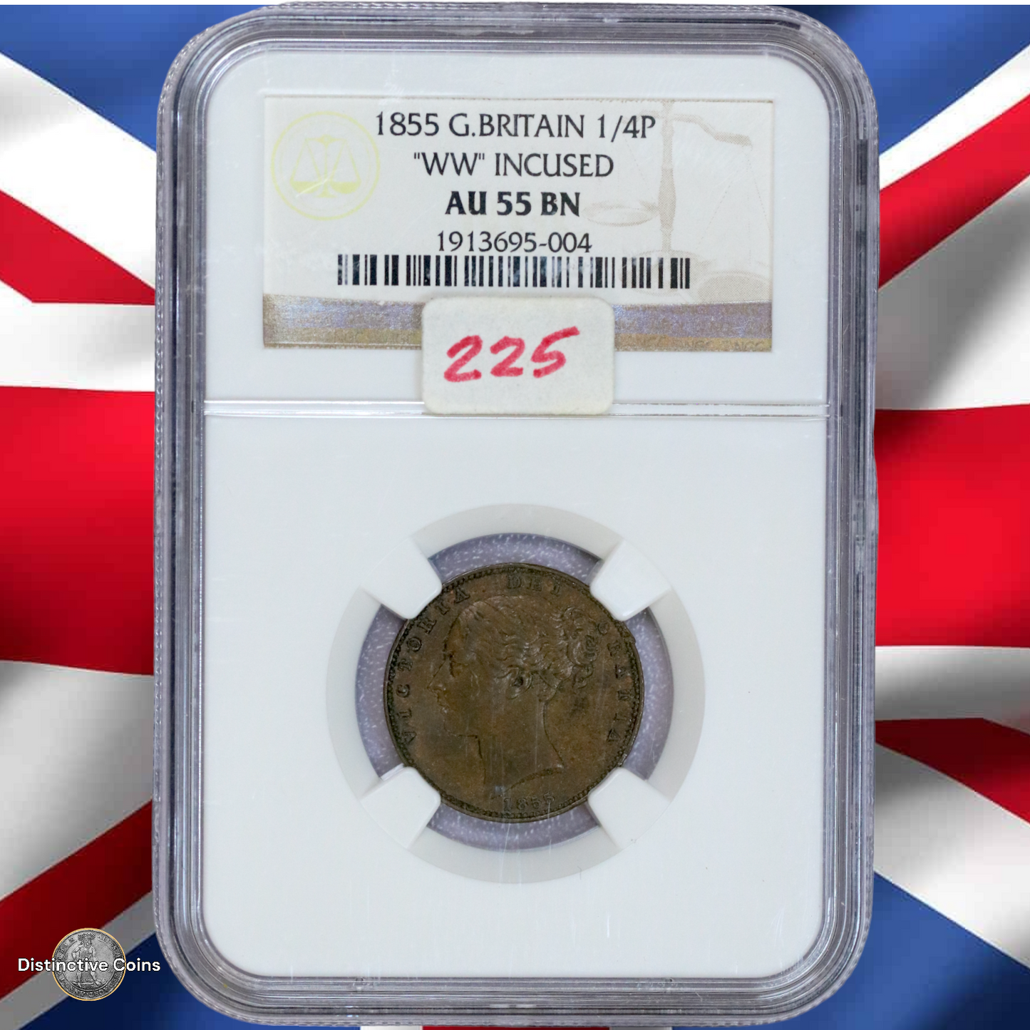 Great Britain 1855 WW Incused Farthing NGC AU55BN - GBS043