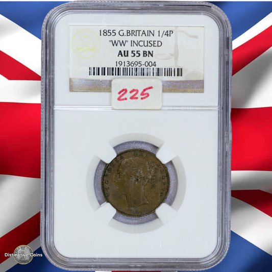 Great Britain 1855 WW Incused Farthing NGC AU55BN - GBS043