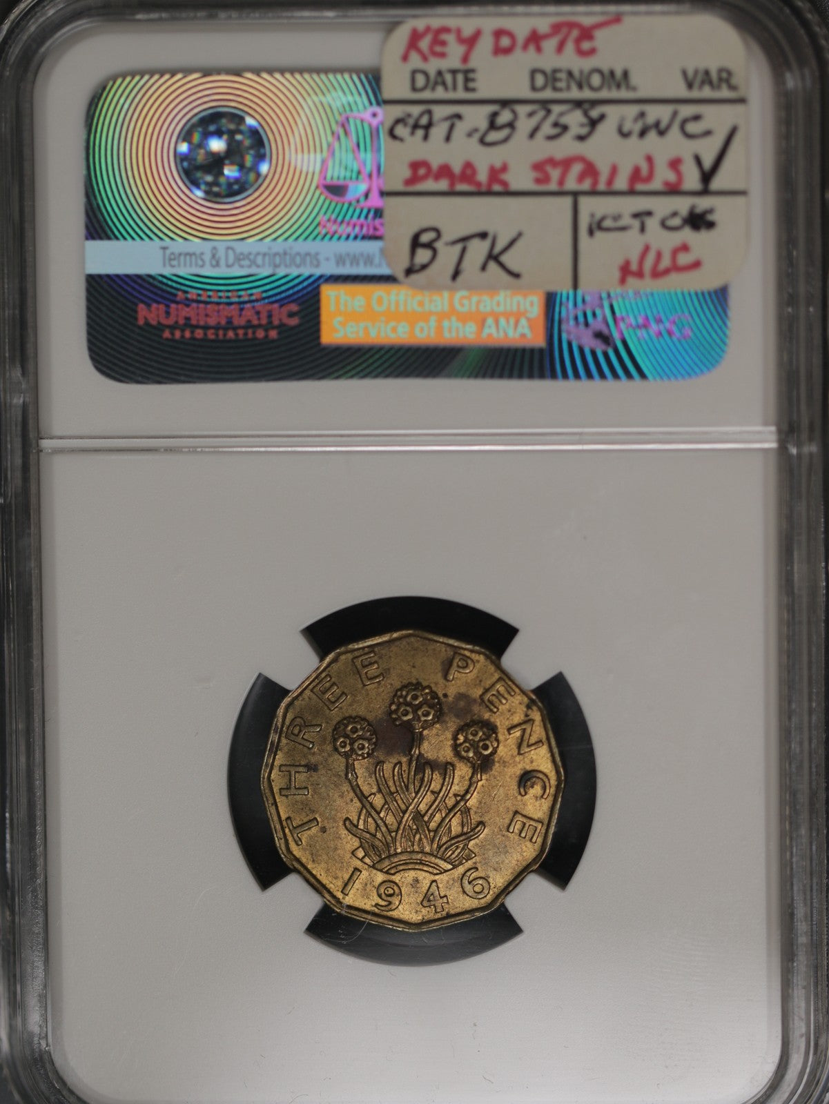 Great Britain 1946 3 Pence K-849 PCGS UNC Details Environmental Damage KEY DATE