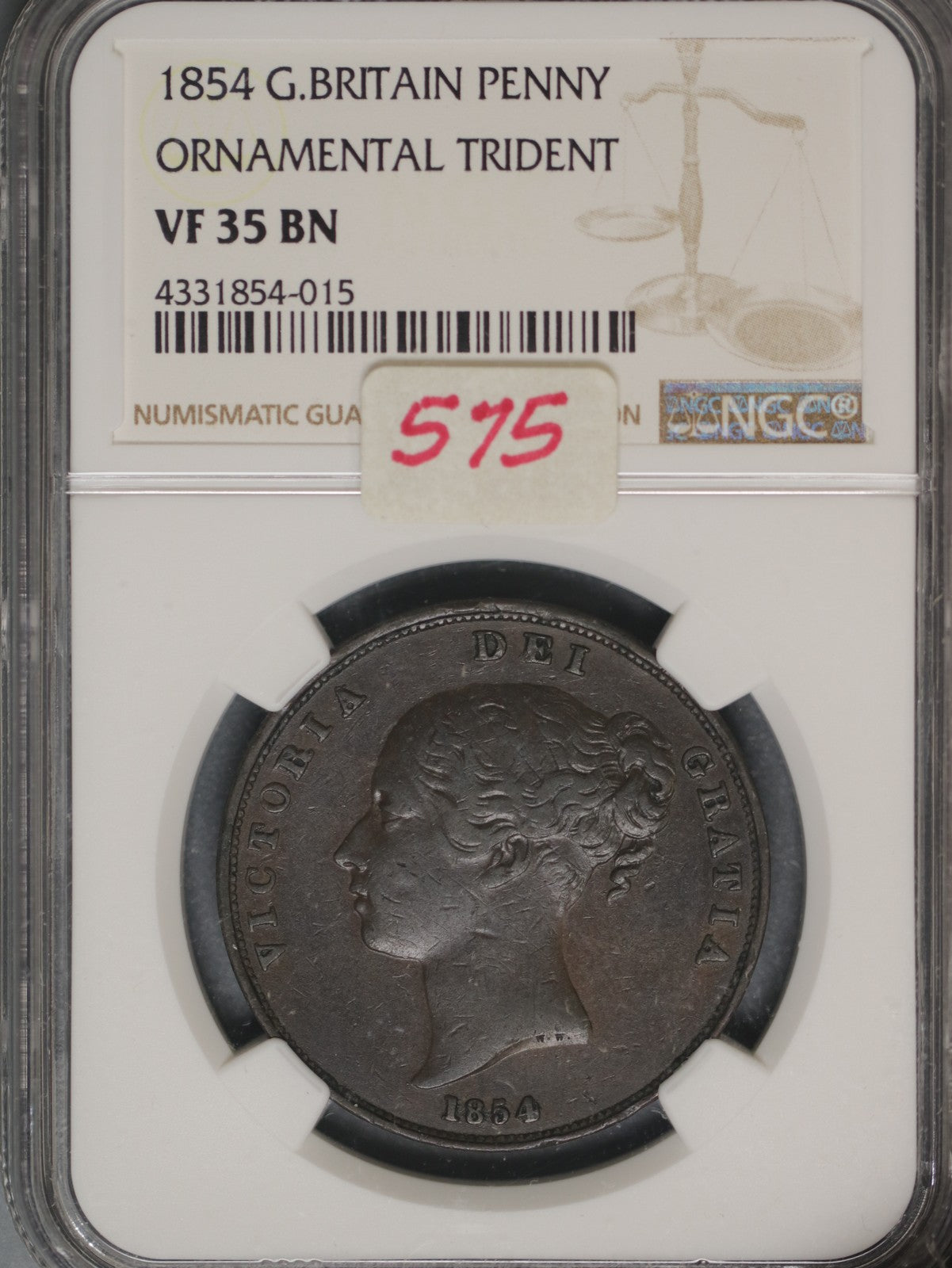 Great Britain 1854 Penny K-739 NGC VF35 BN NO REVERSE COLONS