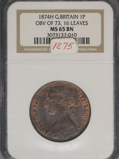 Great Britain 1874H Penny K-749.2 NGC MS65 BN OBV OF 73