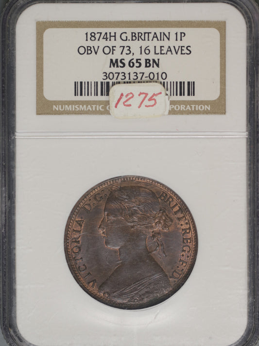 Great Britain 1874H Penny K-749.2 NGC MS65 BN OBV OF 73