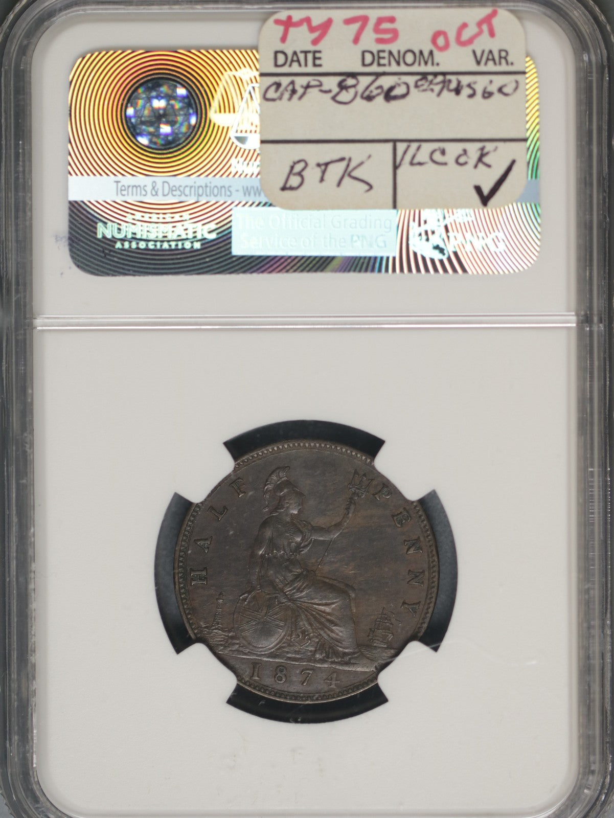 Great Britain 1874 1/2 Penny K-754 NGC AU58 BN 6 BERRIES LRG DATE